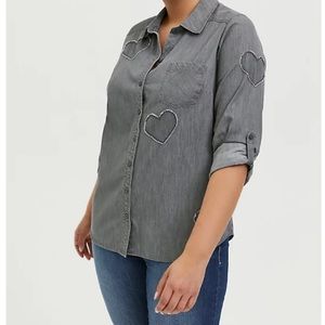 GREY DENIM HEART BUTTON FRONT RELAXED FIT SHIRT